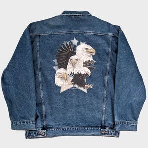 Vintage Denim Jean Jacket Mens 2XL Oversized Western Boho Bald Eagles Patriotic